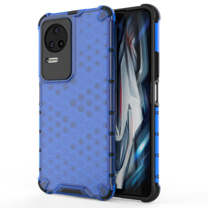 Shockproof honeycomb phone case with TPU bumper, blue with black border, side button openings