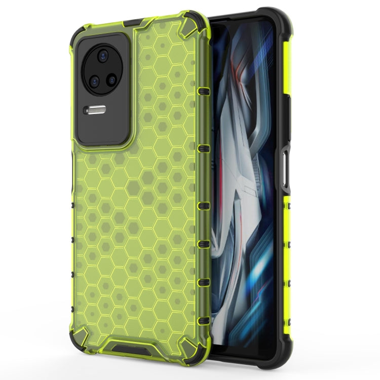 Shockproof honeycomb phone case with TPU bumper, lime green with black border, side button openings