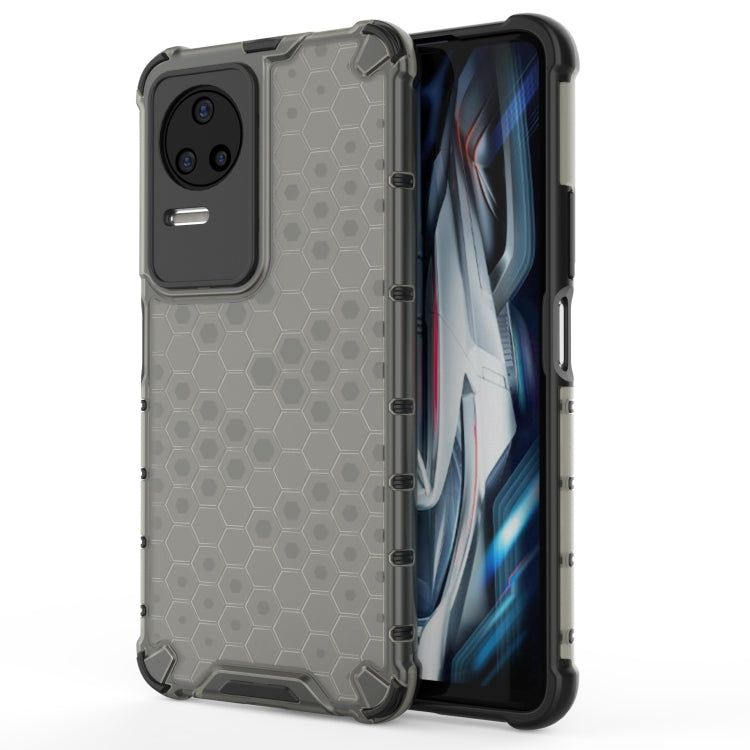 Shockproof honeycomb phone case with TPU bumper, gray with black border, side button openings
