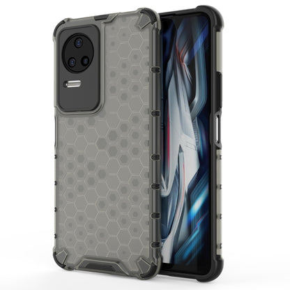 Shockproof honeycomb phone case with TPU bumper, gray with black border, side button openings