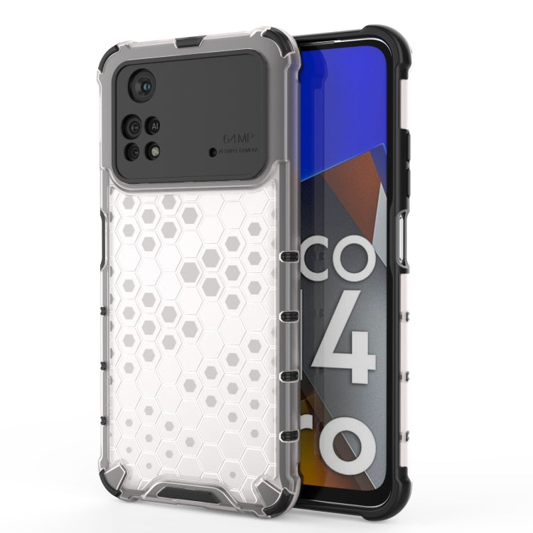 Shockproof phone case with honeycomb pattern, white with translucent protective frame