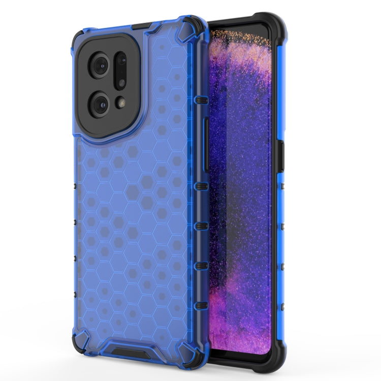 Blue honeycomb shockproof phone case with black bumper, camera cutouts