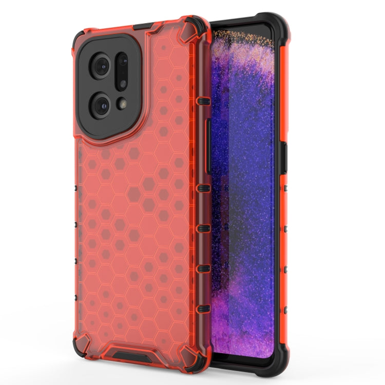 Red honeycomb shockproof phone case with black bumper, camera cutouts, raised edges