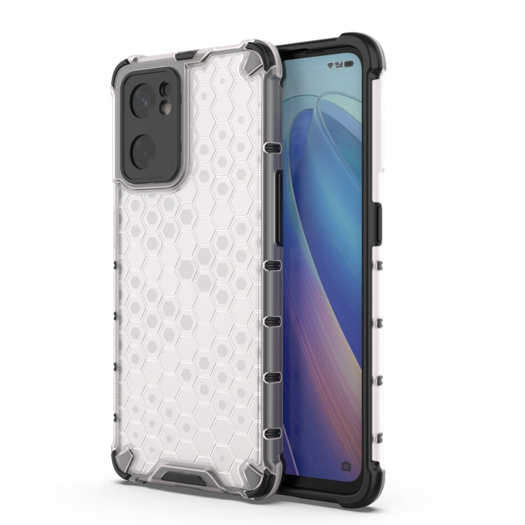 White protective phone case with honeycomb pattern, raised edges, and camera cutouts