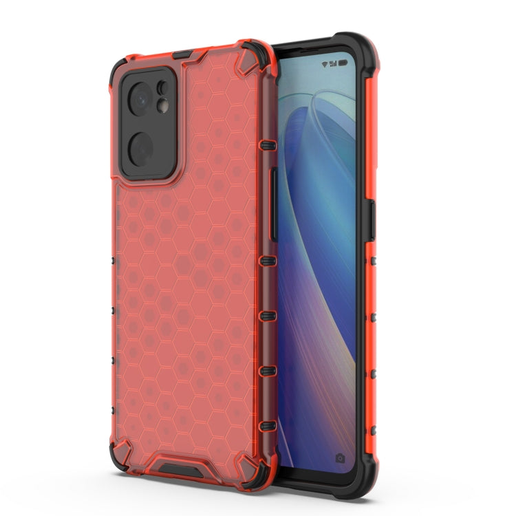 Red protective phone case with honeycomb texture, thick corners, and camera cutouts