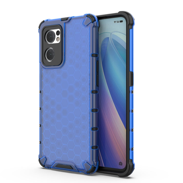 Shockproof honeycomb phone case, blue hex pattern with dual camera cutouts