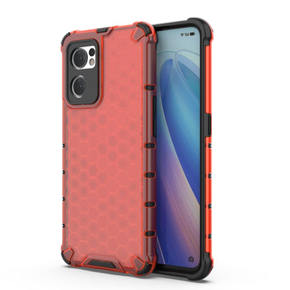 Shockproof honeycomb phone case, red hex pattern with dual camera cutouts