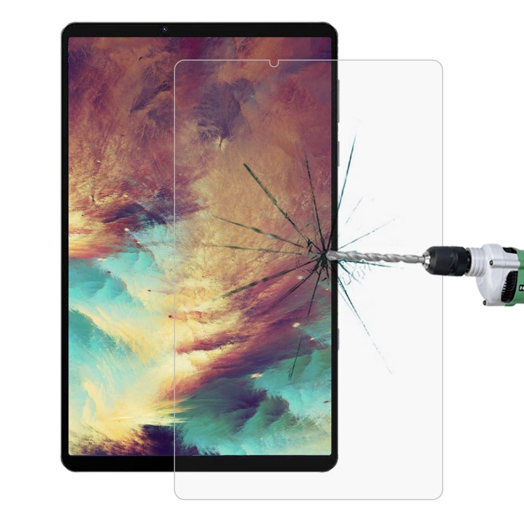 Tempered tablet screen protector film with rounded edges and an impact crack pattern.