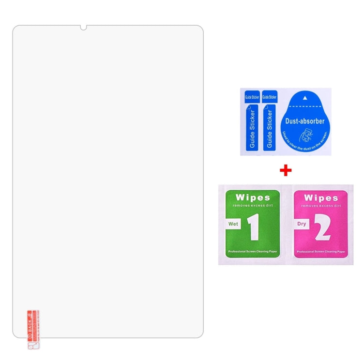 Tablet screen protector film with included cleaning wipes and dust-absorber packet set.