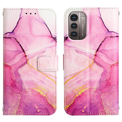 Marble pattern flip leather phone case, pink purple with dual camera cutout