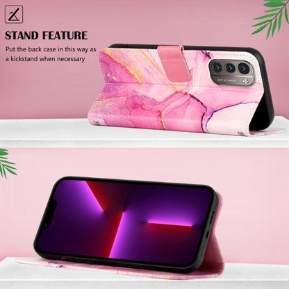 Marble pattern flip leather phone case, pink purple, shown propped as a stand