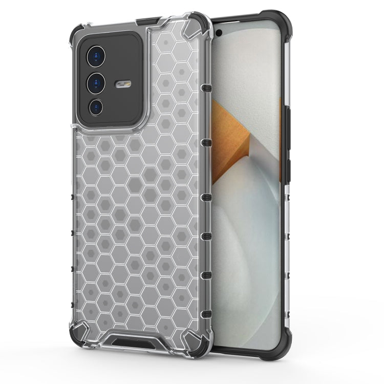 Shockproof honeycomb phone case in clear gray with raised corners and camera cutouts