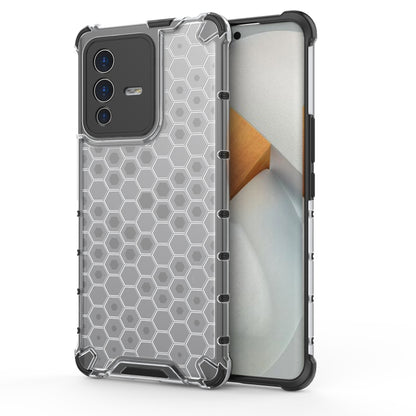 Shockproof honeycomb phone case in clear gray with raised corners and camera cutouts