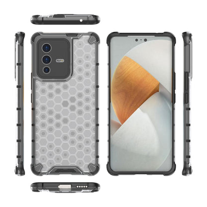 Shockproof honeycomb phone case shown front, back, and side views; precise port openings