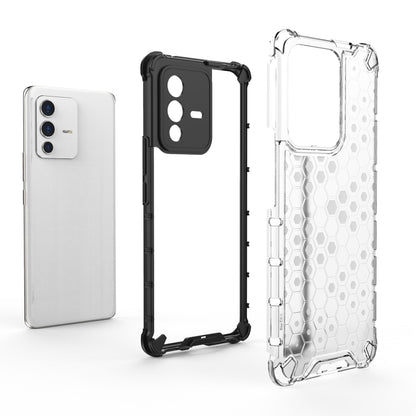 Shockproof honeycomb phone case set: white, black, and clear shells with camera cutout