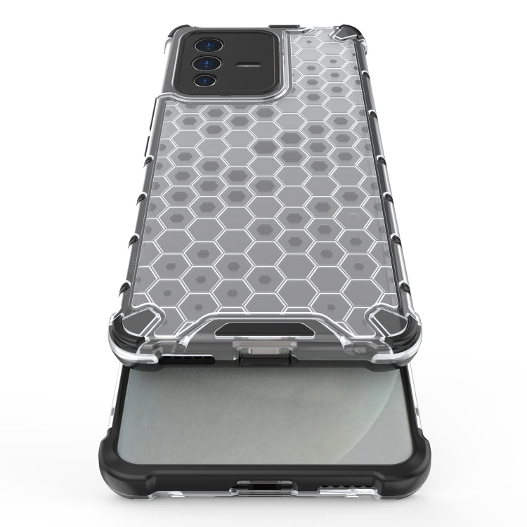 Shockproof honeycomb phone case with clear frame and dark base; camera and speaker openings