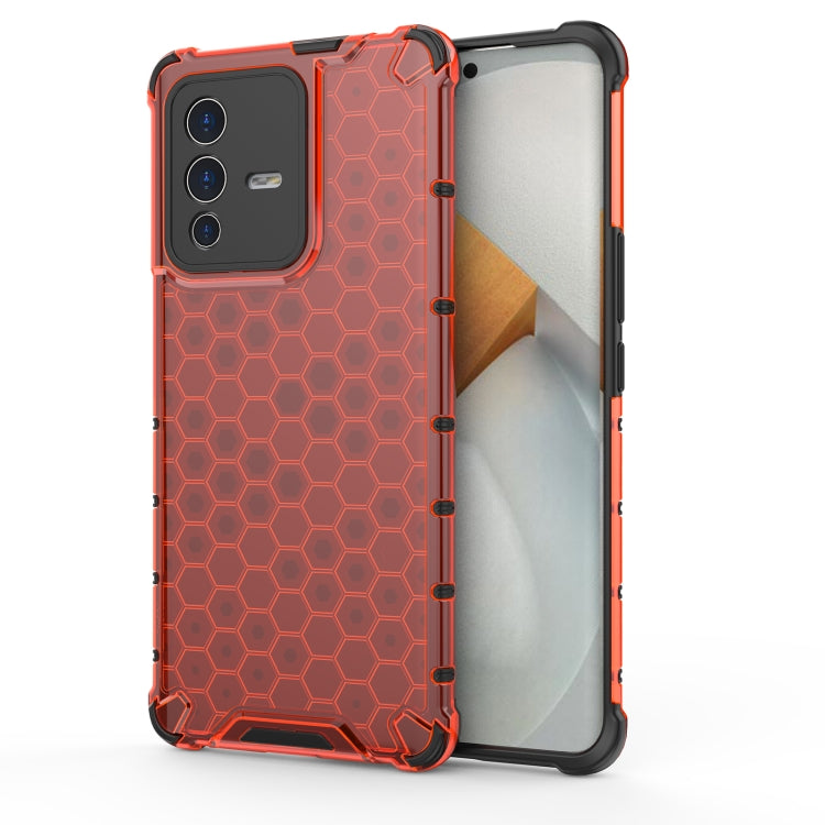 Shockproof honeycomb phone case in red/orange with clear sides and camera cutouts