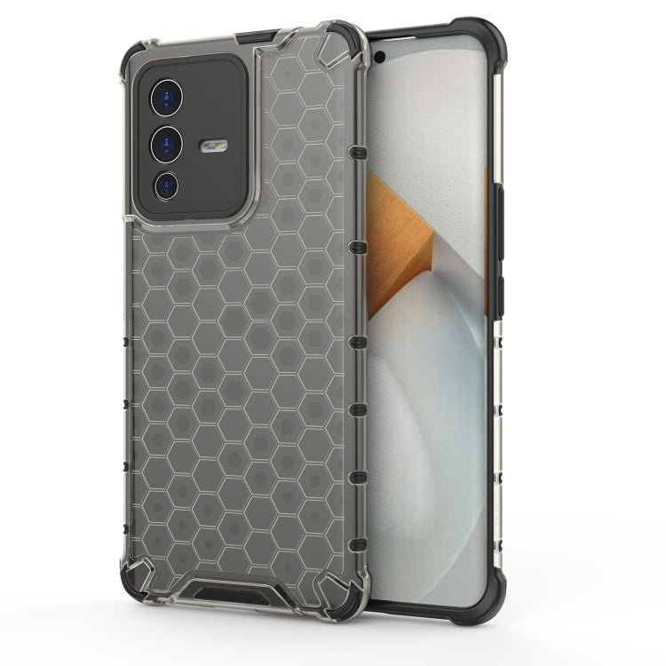 Shockproof honeycomb phone case in clear gray with raised corners; phone back protected