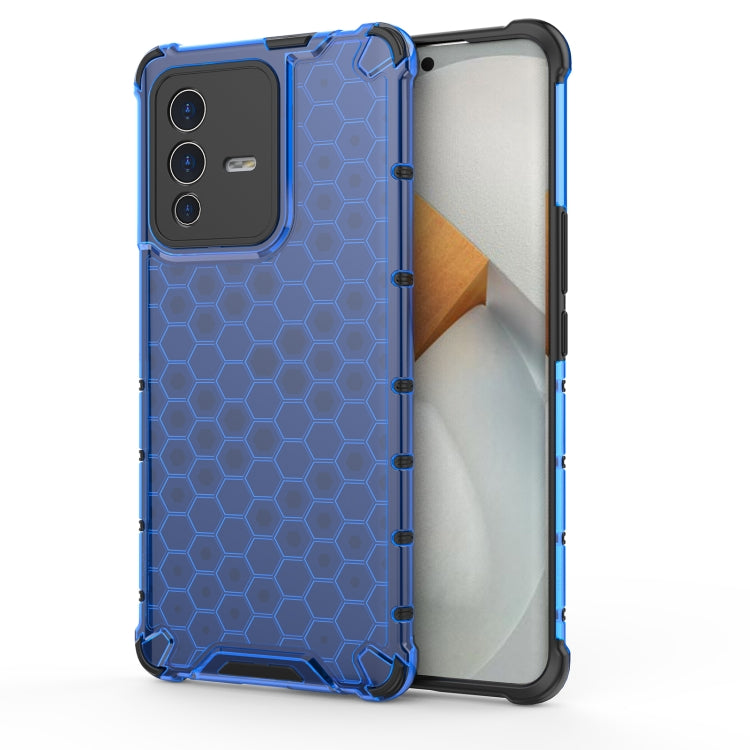 Shockproof phone case with hex honeycomb texture, blue TPU/PC protection frame