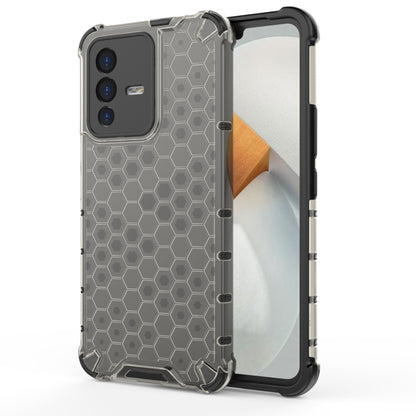 Shockproof phone case with hex honeycomb texture, clear gray/white and black corner guards