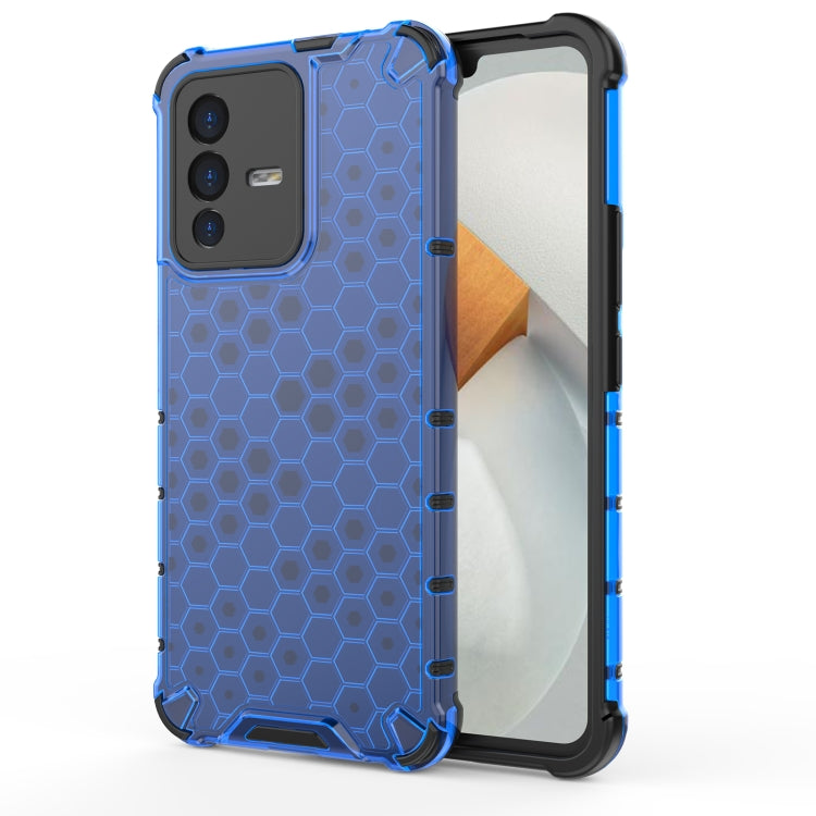 Shockproof phone case with hex honeycomb texture, blue protective bumper with raised corners