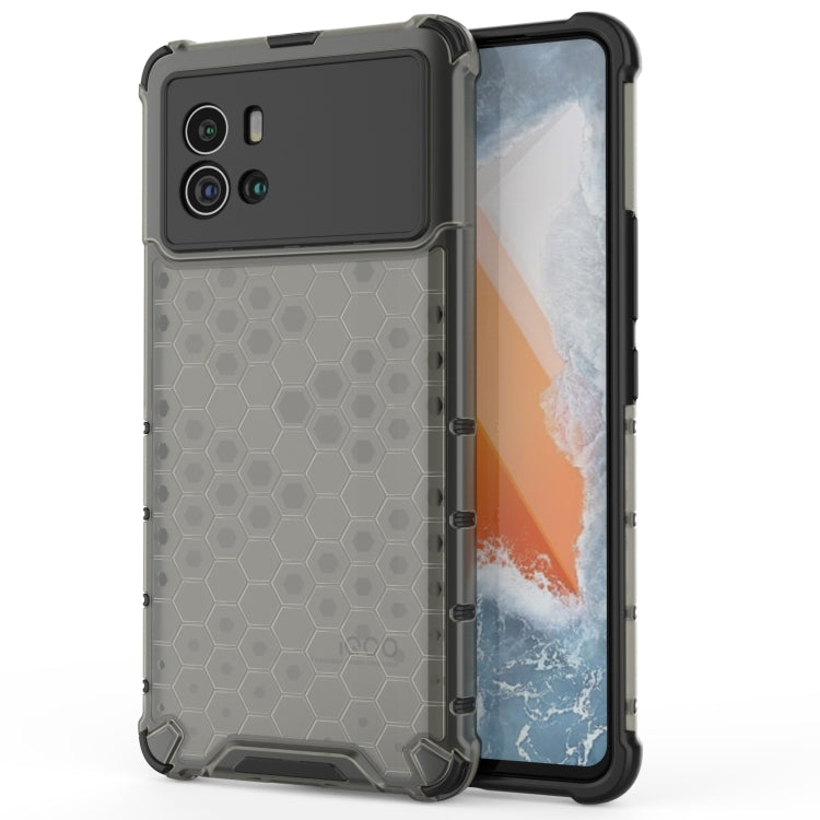 Shockproof phone case with hex honeycomb texture, gray/clear TPU with black bumper