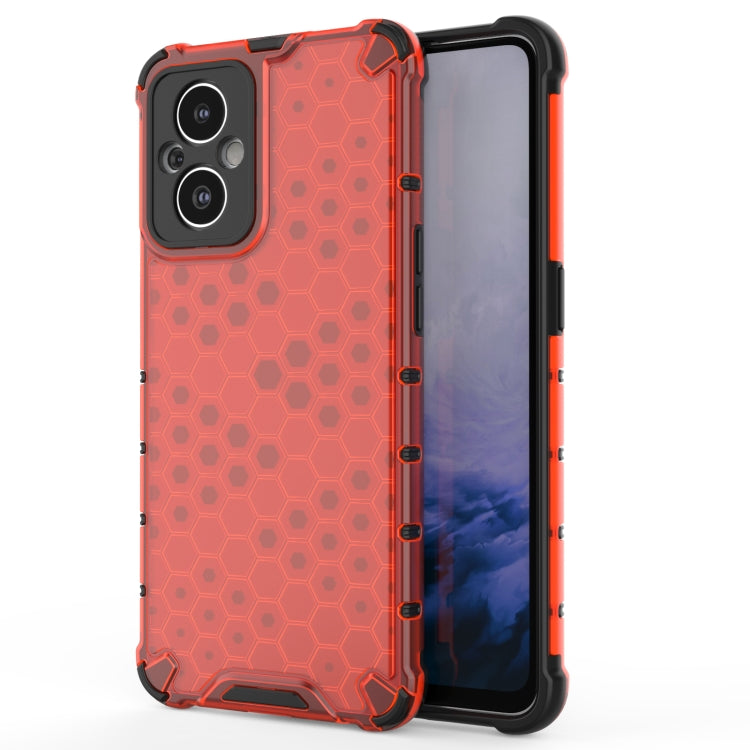 Red shockproof honeycomb phone case with raised bumper and camera cutouts