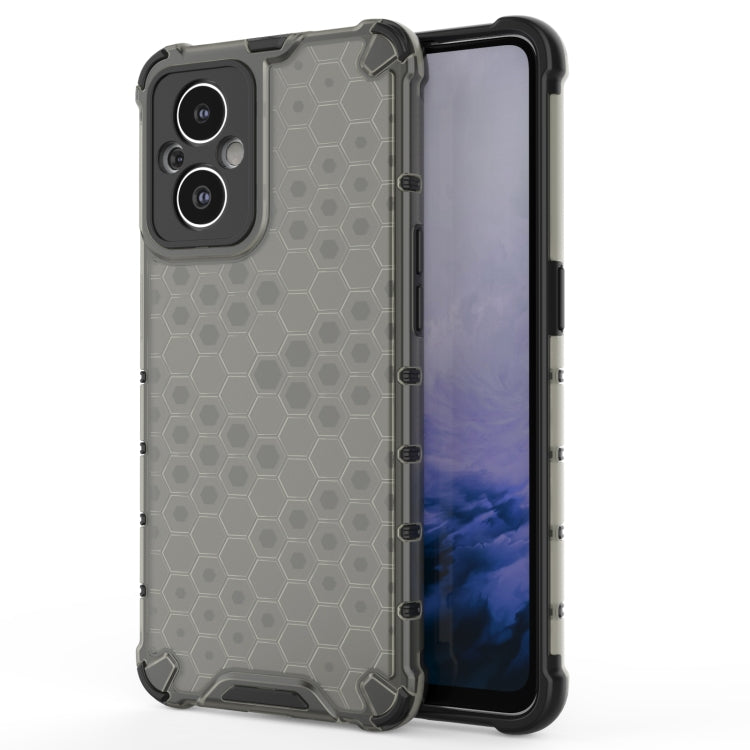 Gray shockproof honeycomb phone case with raised bumper and camera cutouts
