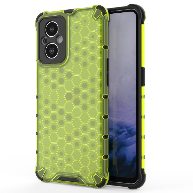 Green shockproof honeycomb phone case with raised bumper and camera cutouts