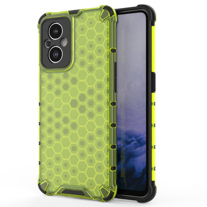 Green shockproof honeycomb phone case with raised bumper and camera cutouts