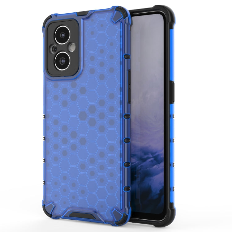 Blue shockproof honeycomb phone case with raised bumper and camera cutouts