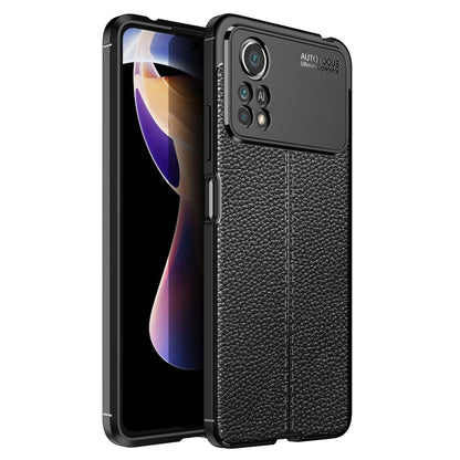 Black litchi-texture TPU phone case with raised camera cutout and shockproof corners