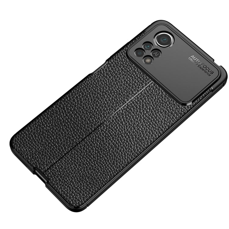 Black litchi-texture TPU phone case with stitched-look center seam and camera cutout