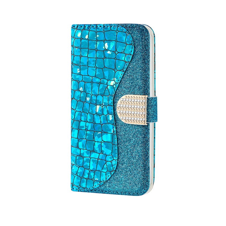 Blue glitter crocodile-pattern flip phone case with rhinestone magnetic clasp