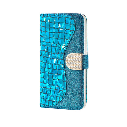 Blue glitter crocodile-pattern flip phone case with rhinestone magnetic clasp