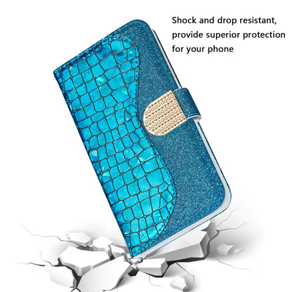 Blue crocodile-texture glitter flip phone case with rhinestone magnetic clasp