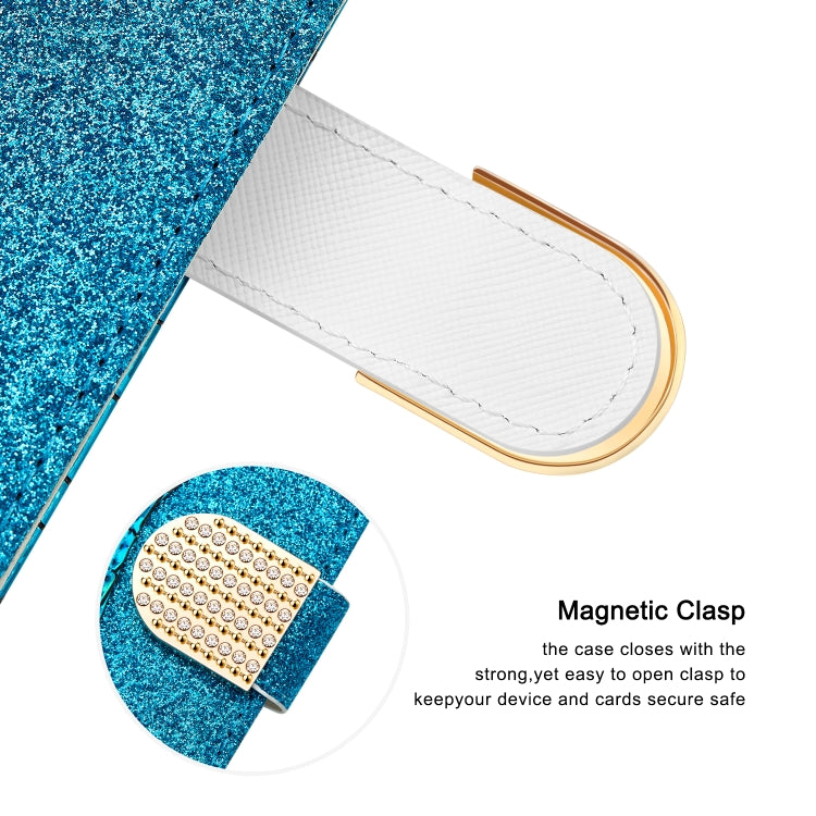 Close-up of white cardholder flap and magnetic clasp on blue glitter phone case