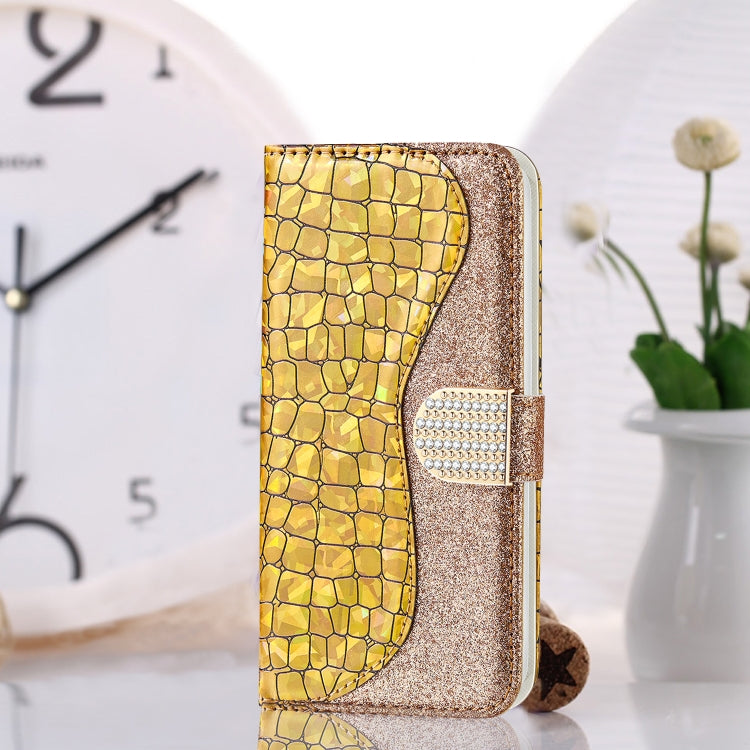 Gold crocodile-pattern glitter phone case with rhinestone clasp and side cutouts