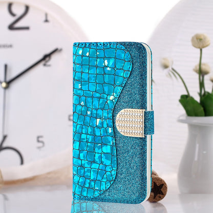 Blue crocodile-pattern phone case with rhinestone magnetic clasp, flip style