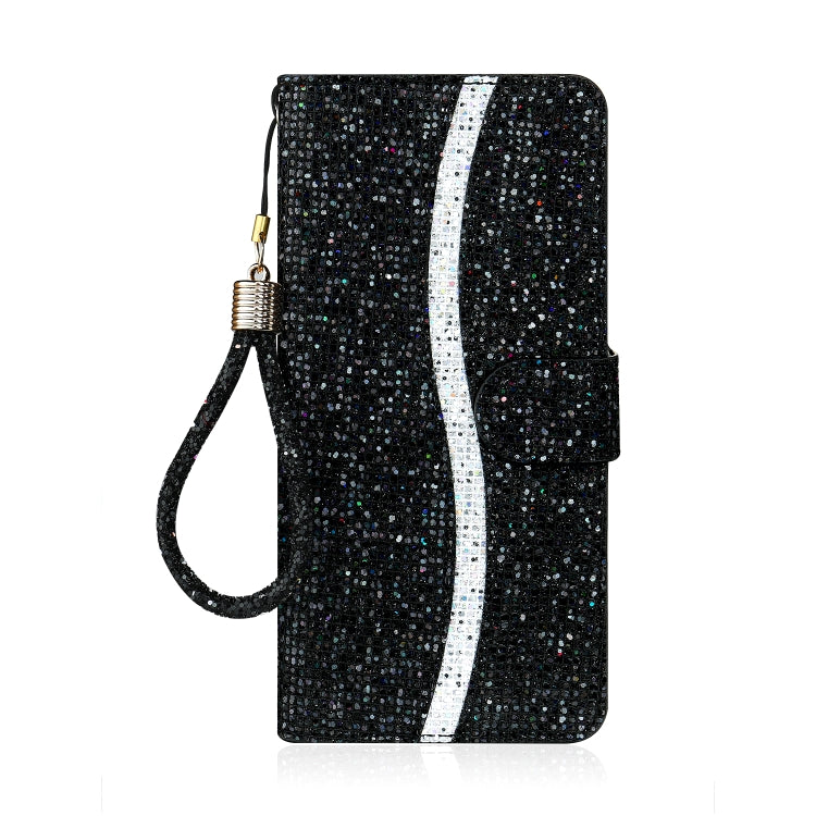 Black glitter leather folio phone case with white stripe, card slot, and wrist strap