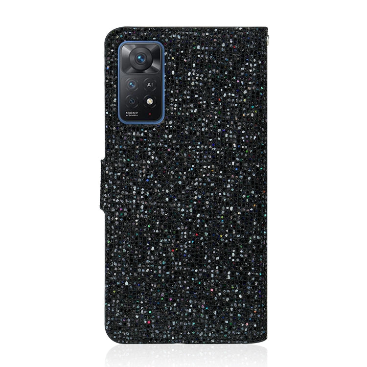 Black glitter leather phone case with camera cutout and side flap