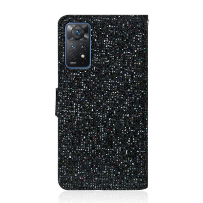 Black glitter leather phone case with camera cutout and side flap