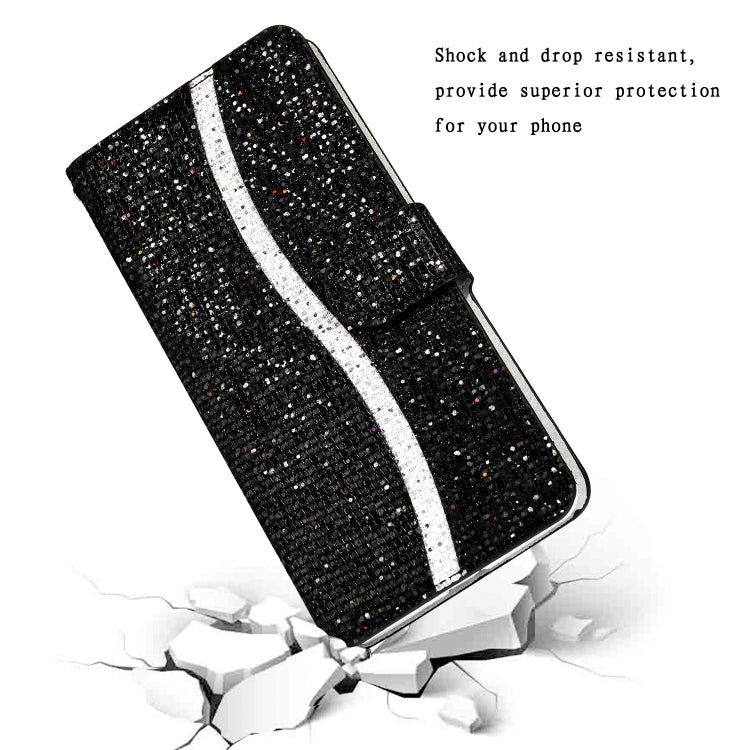 Black glitter leather wallet phone case with white stripe and fold-over cover