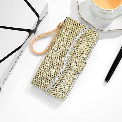 Gold glitter leather phone case with wrist strap and light accent stripe