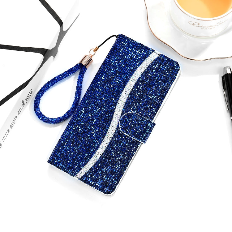 Blue glitter leather folio phone case with white stripe and wrist strap cord