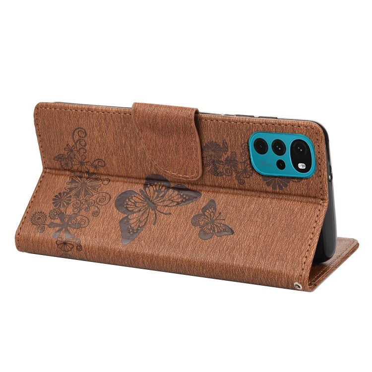 Brown butterfly embossed leather flip phone case with stand position