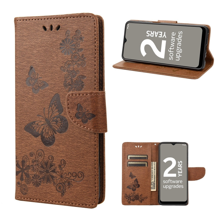 Brown butterfly embossed leather flip phone case with phone inside