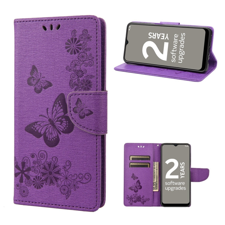 Purple butterfly embossed leather flip phone case with side snap closure