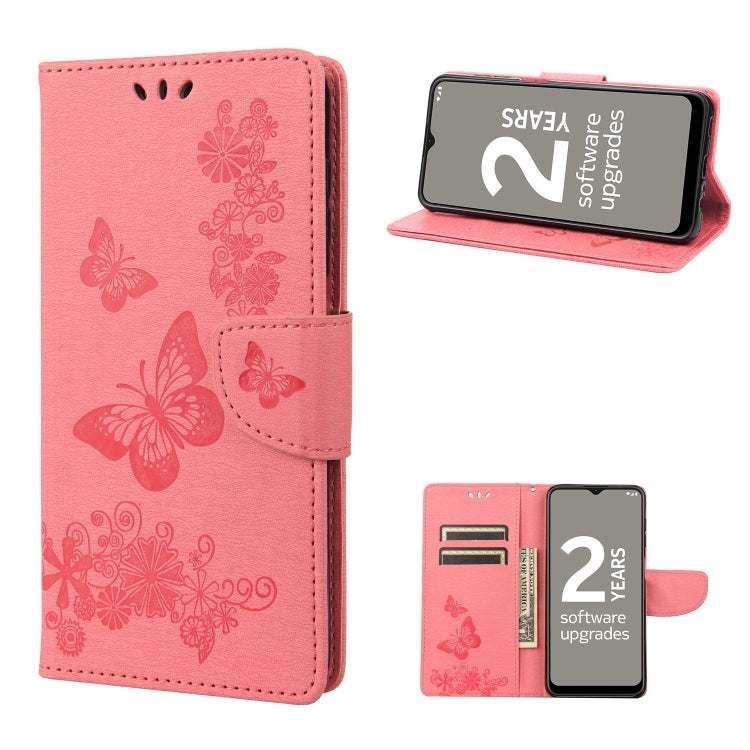 Pink butterfly embossed flip leather phone case with magnetic closure and card slot