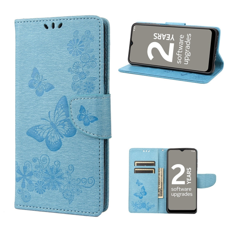 Blue butterfly embossed flip leather phone case with magnetic flap and card pocket
